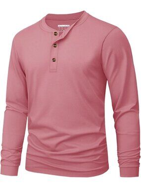 Men's Gray Pink Long Sleeve Henley T-shirts Cotton 3-button Spring Casual